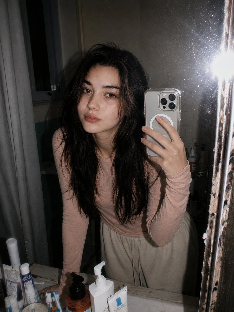A Korean young woman with the same unchanged face, pale soft complexion b...
