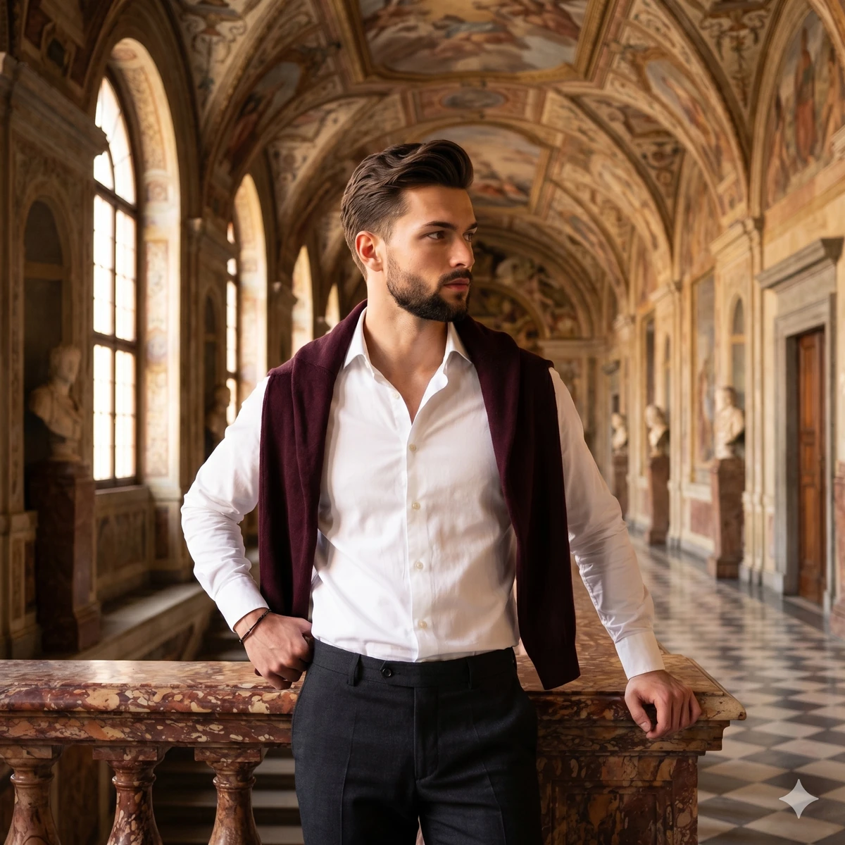 A young male stands in a medium-scale shot, his body gracefully angled in...