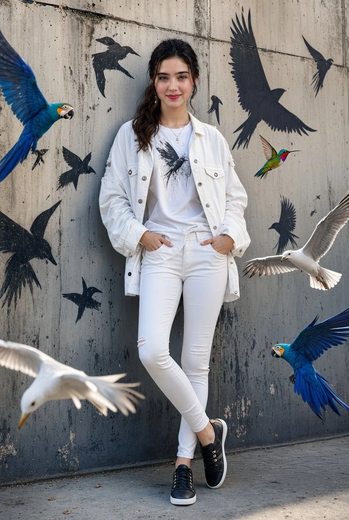 A stylish cinematic portrait of a confident young woman leaning casually...
