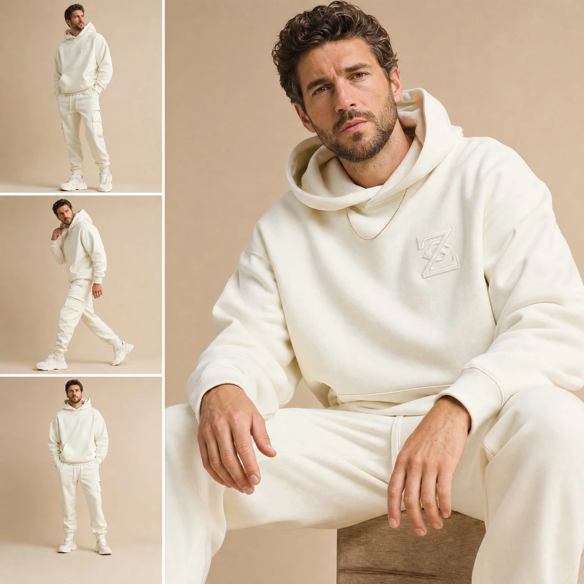 A professional fashion lookbook multi-panel collage grid showcasing a sty...