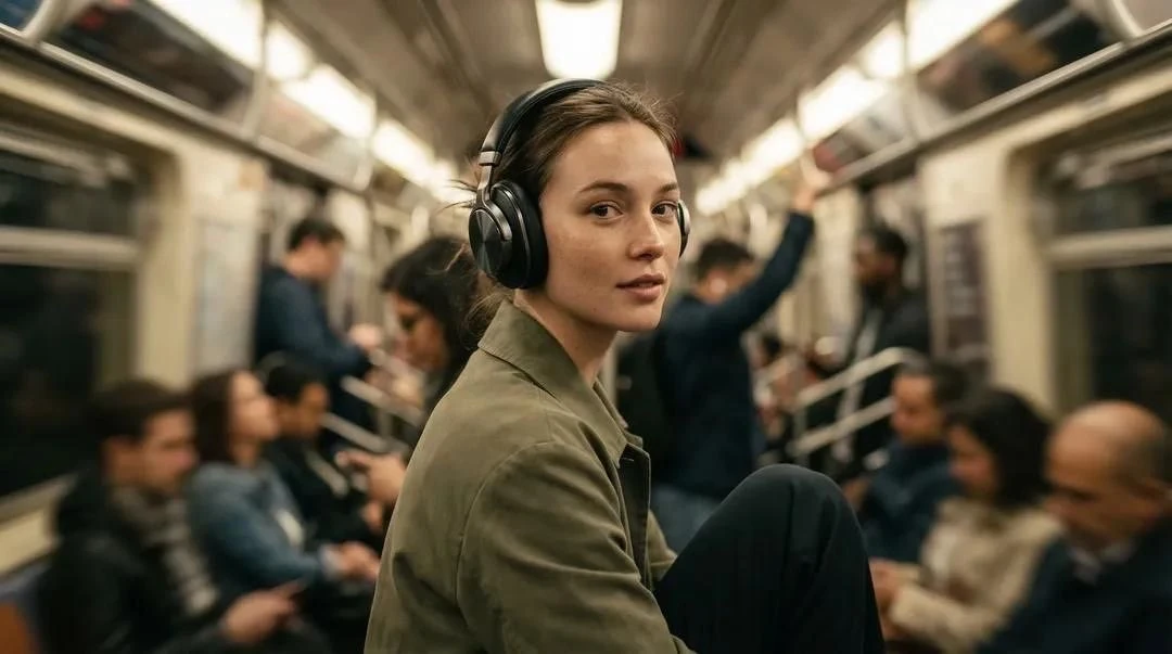 Photorealistic luxury campaign image of a female model in a busy metro ca...