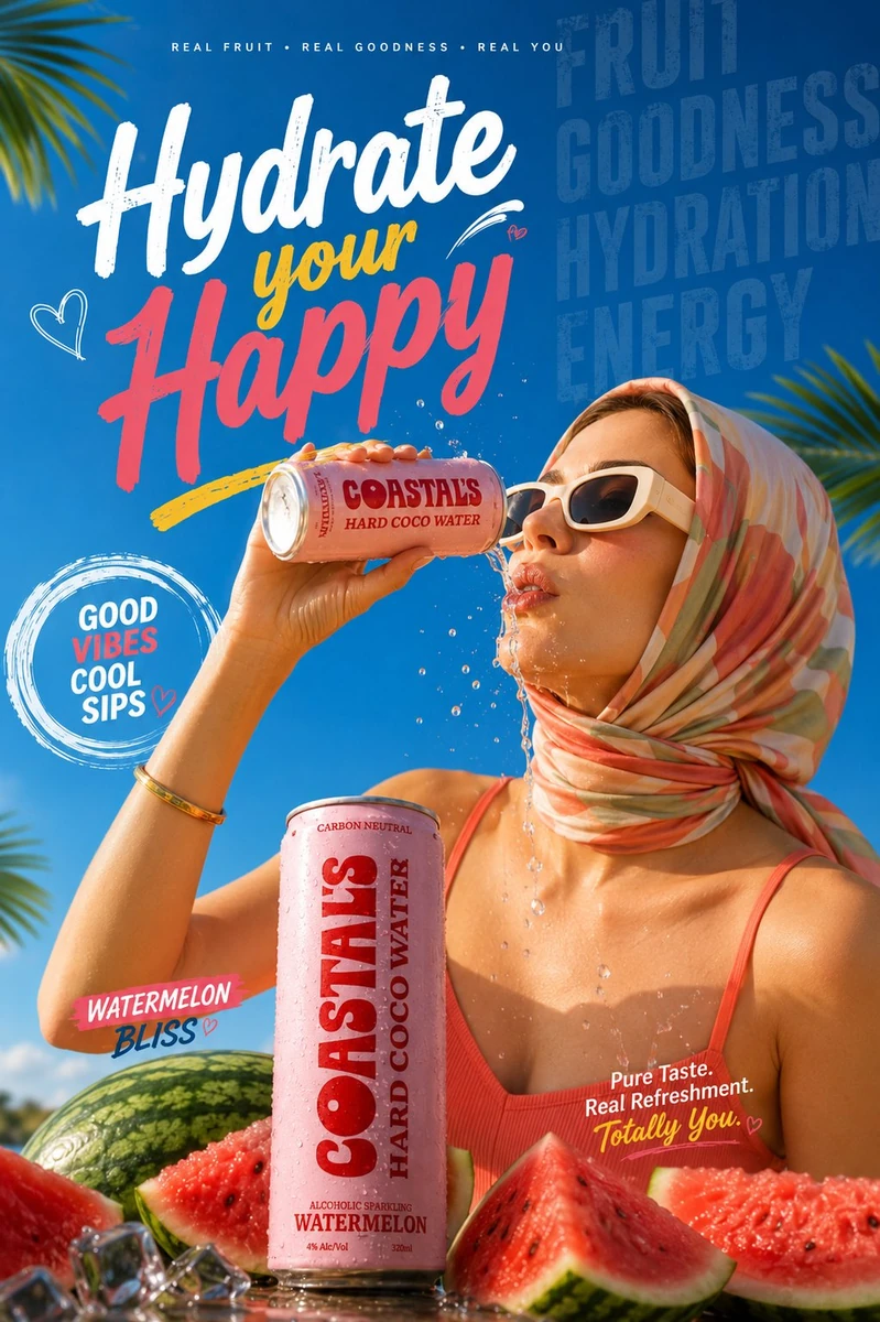 (Ultra-realistic summer beverage commercial poster), stylish young woman...