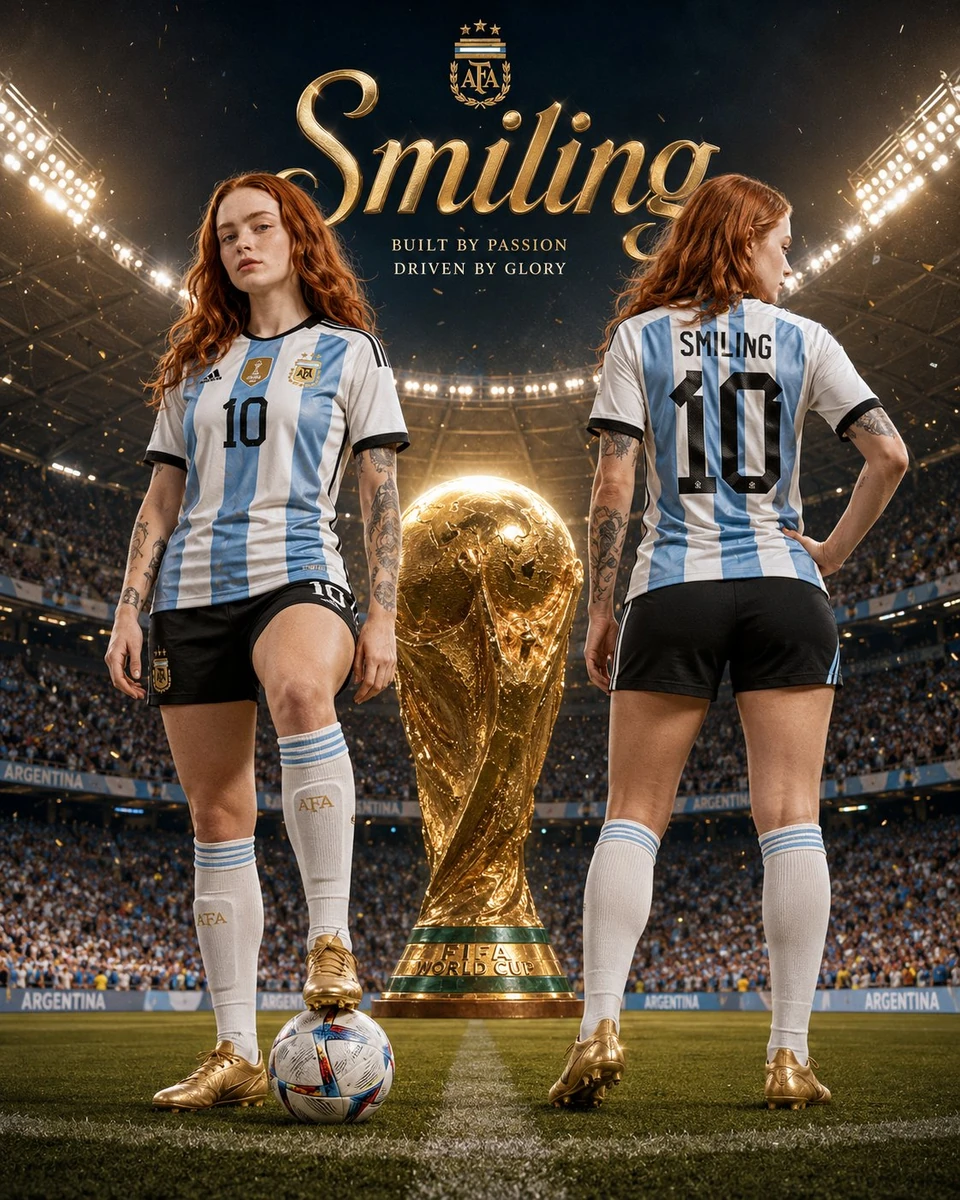 Ultra-realistic cinematic football poster featuring the SAME feminine fem...