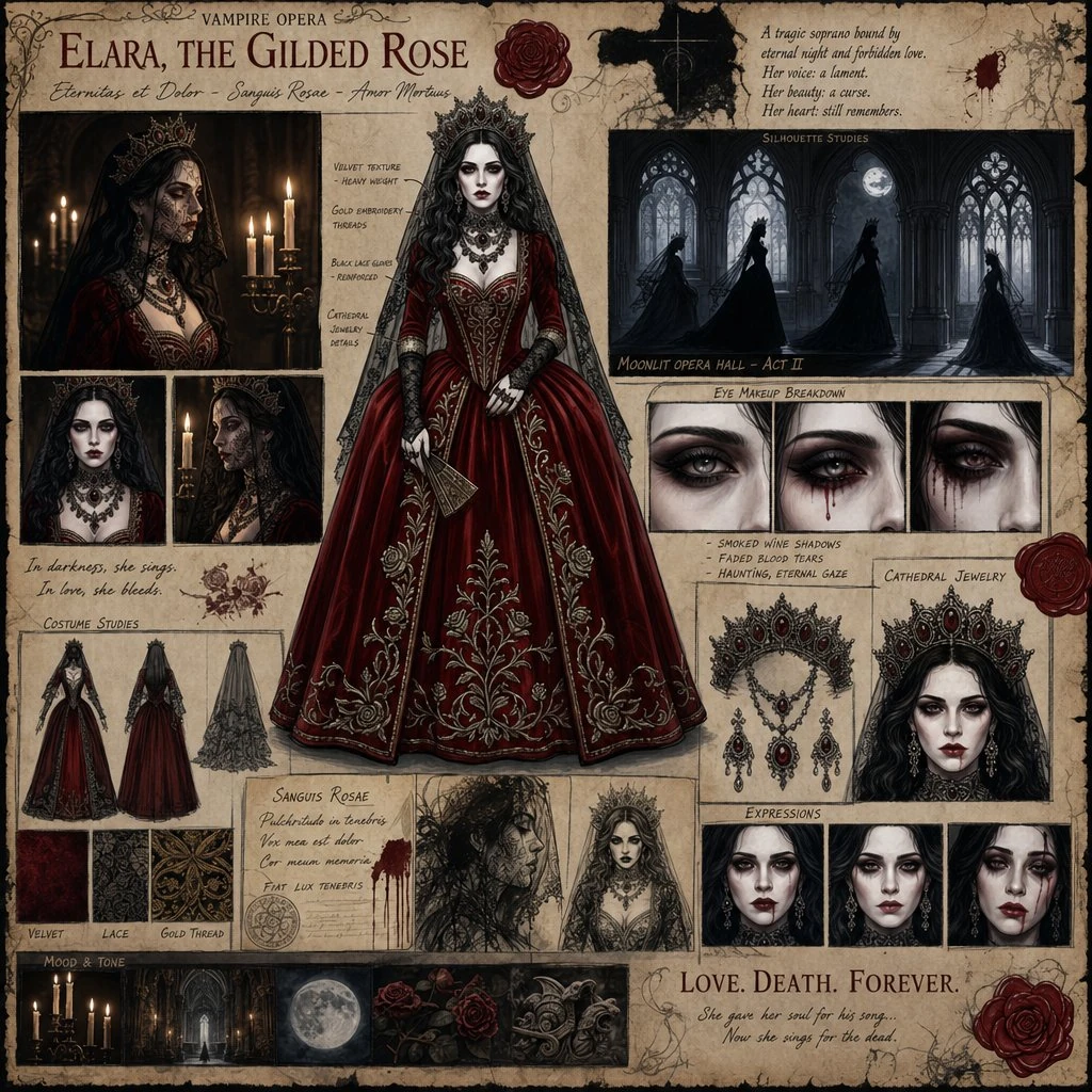 Beautiful female lead with pale porcelain skin, blood-red velvet gown, ca...