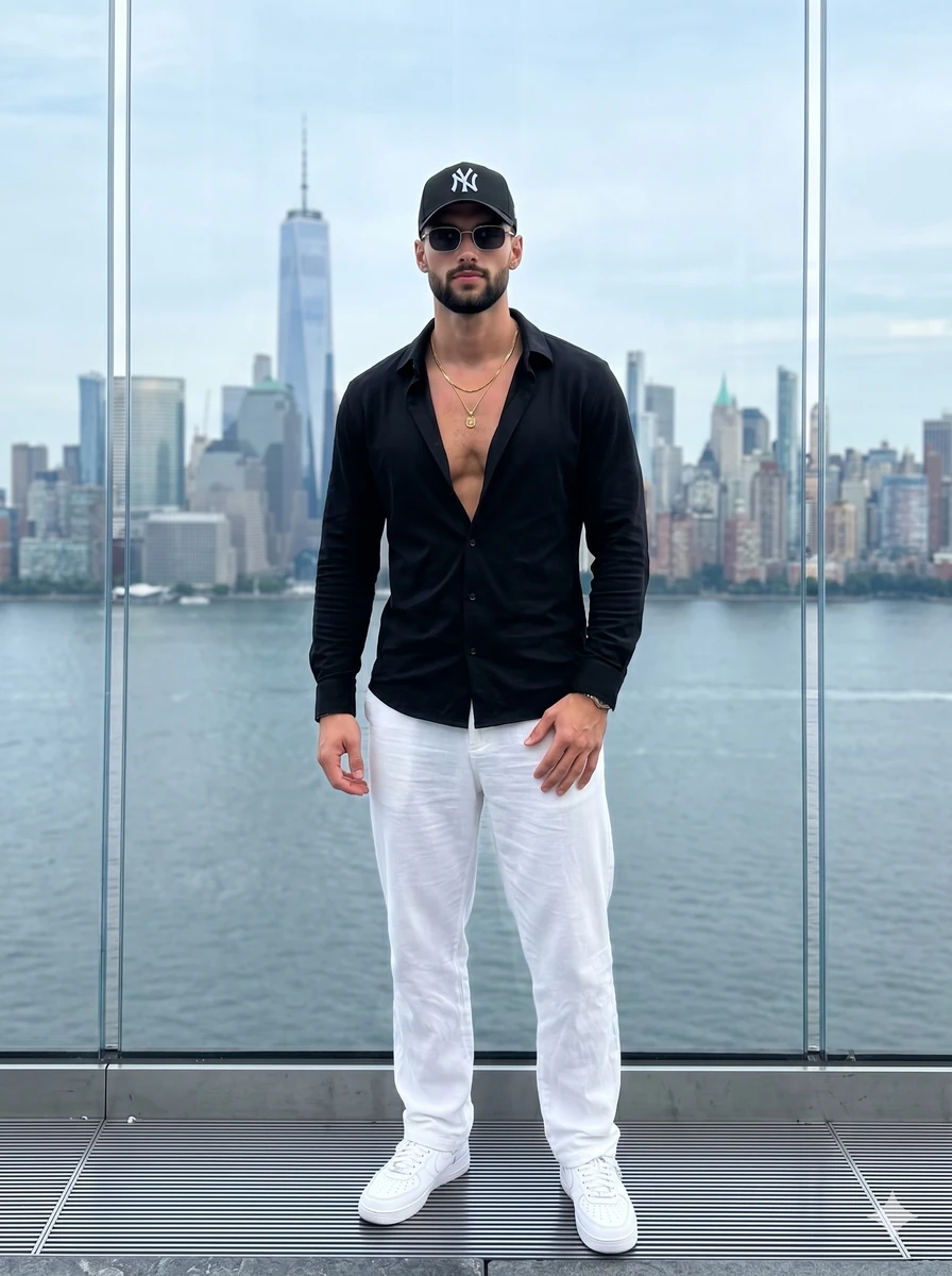 A confident, muscular adult male stands centered in the frame, facing the...