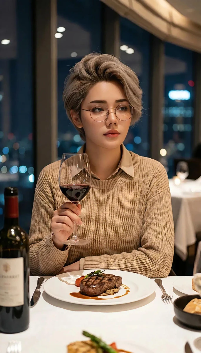 Elegant cinematic portrait of a young woman with short stylish hair and r...