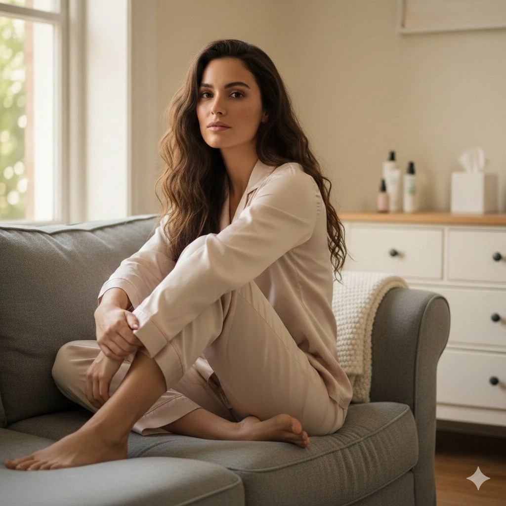 Ultra-realistic lifestyle portrait of a beautiful woman sitting casually...