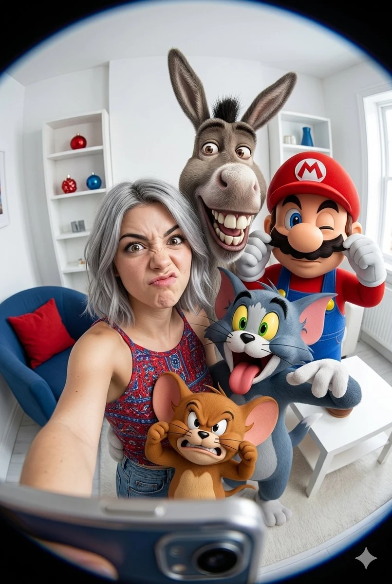 Ultra-realistic 2:3 vertical format fisheye selfie of a cute, beautiful,...