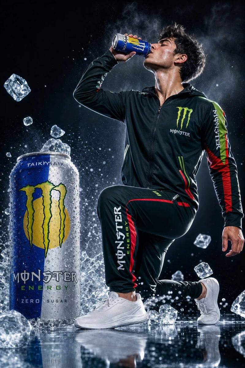 A hyper-realistic commercial advertisement inspired by Monster energy dri...