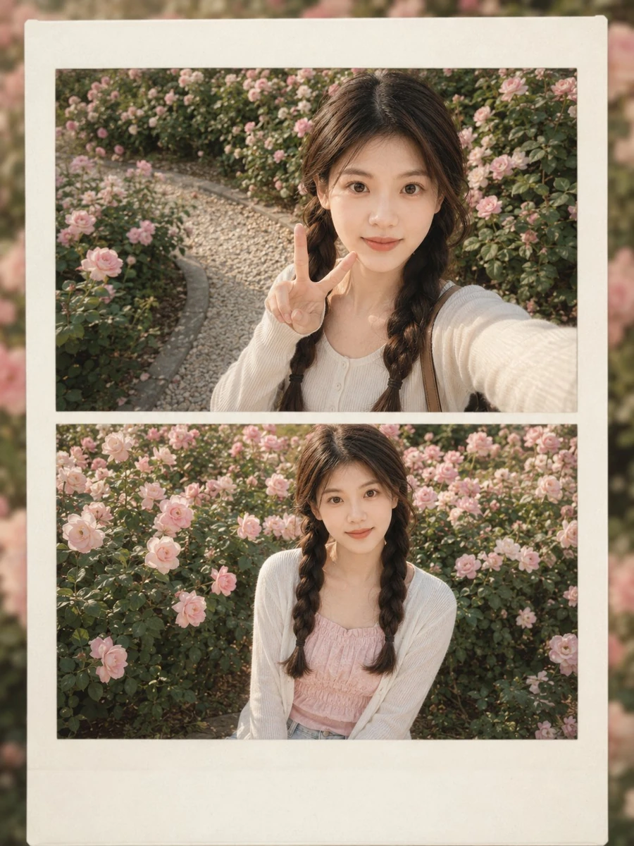 Vintage polaroid-style rose garden portrait collage