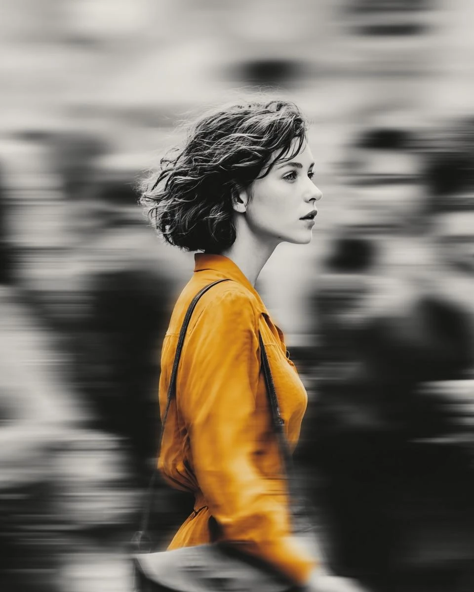 A cinematic street portrait of a beautiful young woman wearing a vibrant...