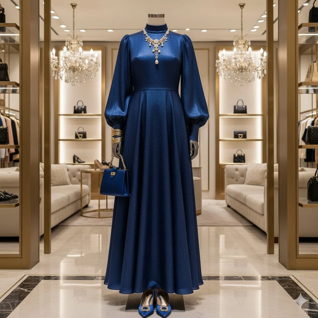 A modern dress on a mannequin with full sleeves, high neckline, and a flo...