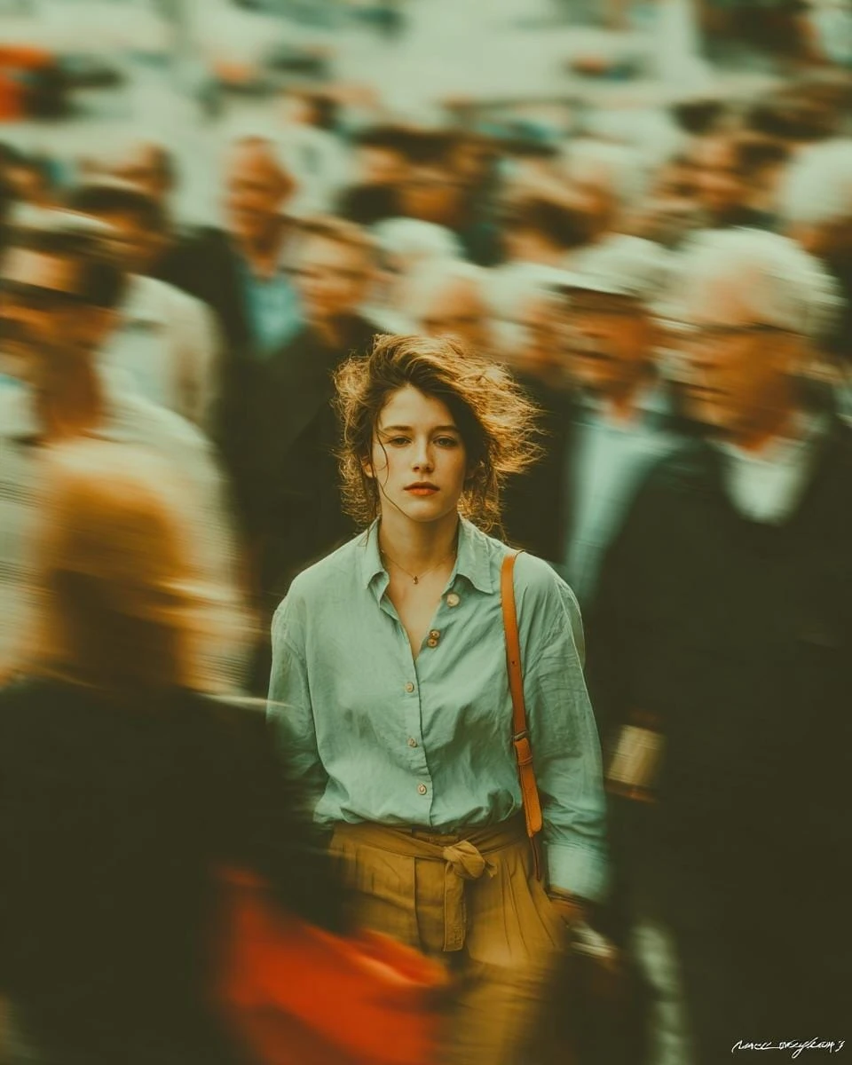 A young woman stands still in the middle of a busy crowd, sharply in focu...