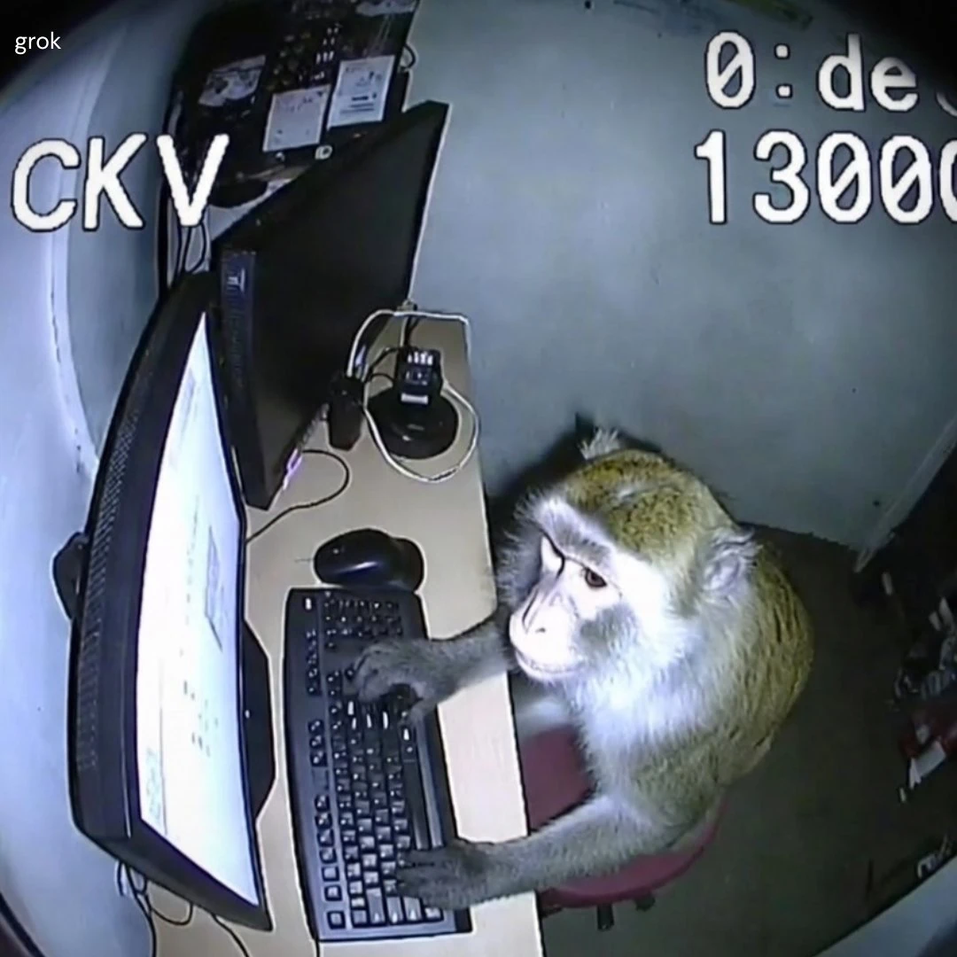 A CCTV-style surveillance footage of a monkey sitting in a small room, us...