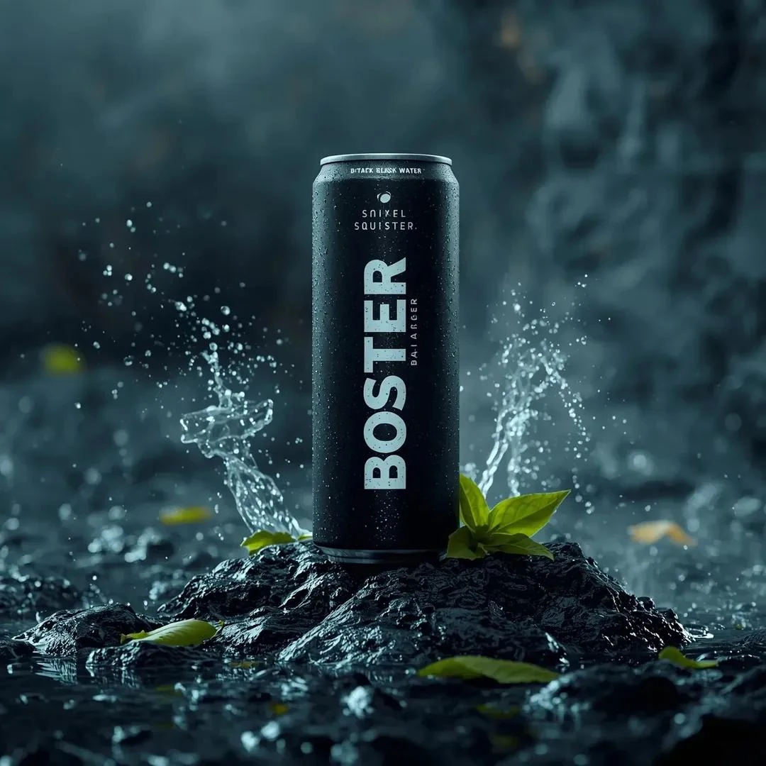 High-end commercial product photography of a sleek black beverage can lab...