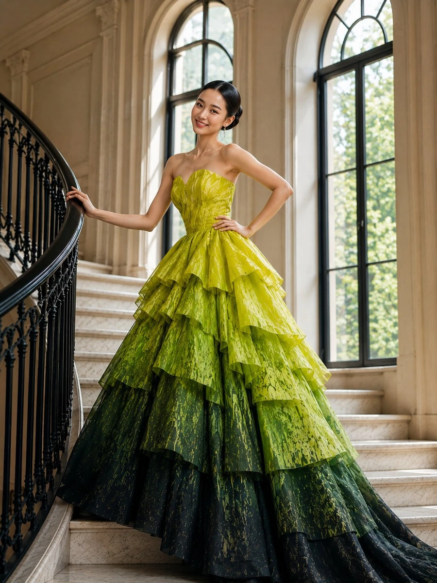 A photorealistic high-fashion editorial photograph of a young Asian woman...