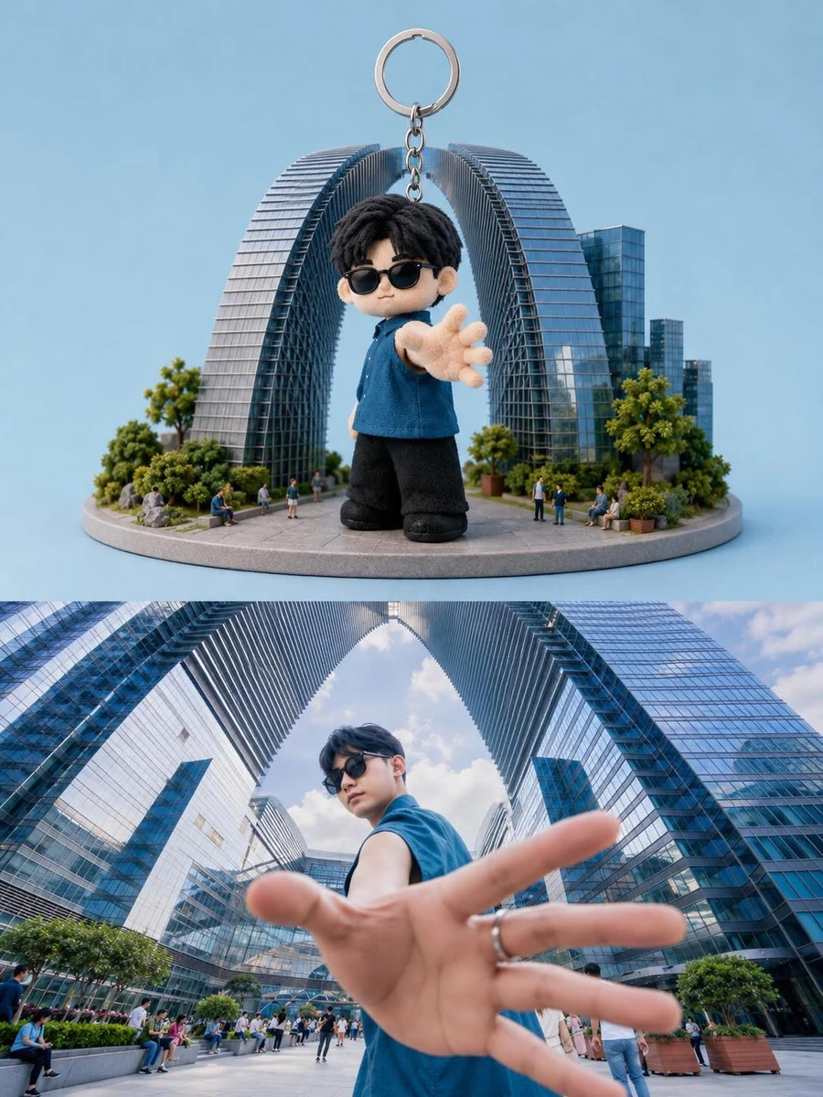Top half: a cute chibi-style 3D miniature keychain character with oversiz...