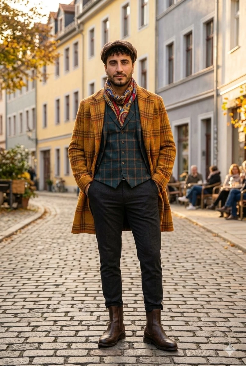 Young man with curly hair and beard, wearing orange plaid wool overcoat,...
