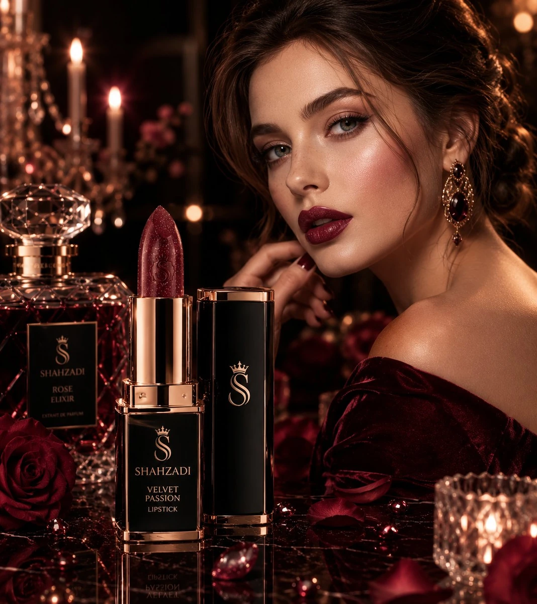 Ultra-luxury cinematic beauty advertisement featuring a glamorous elegant...
