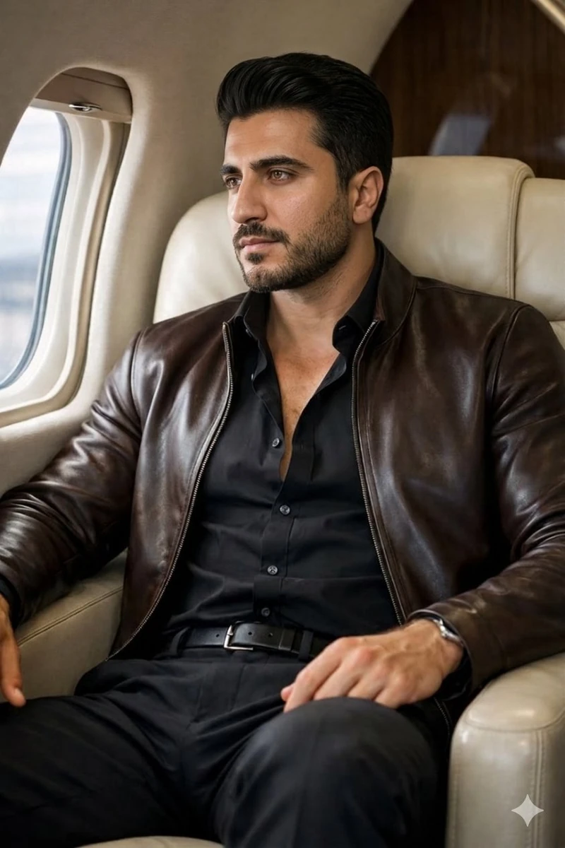 A high-fashion editorial portrait of a sophisticated man with dark, style...