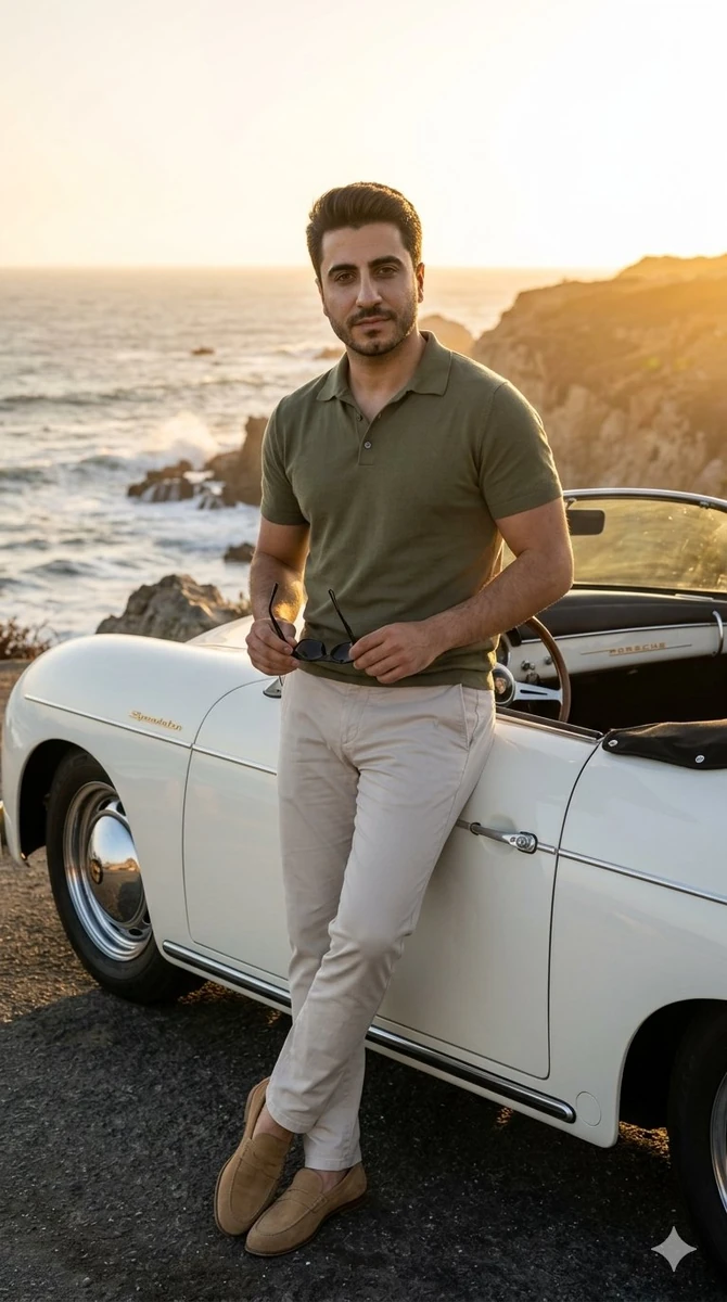 A handsome 35-year-old man with short dark styled hair, a well-groomed fu...