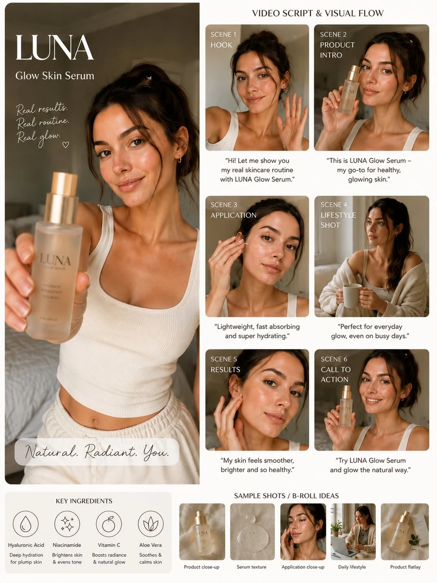 (Luxury AI UGC skincare campaign board), warm beige aesthetic, beautiful...