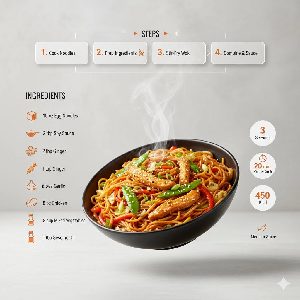 Ultra-clean modern recipe infographic. Showcase chowmin in a visually app...