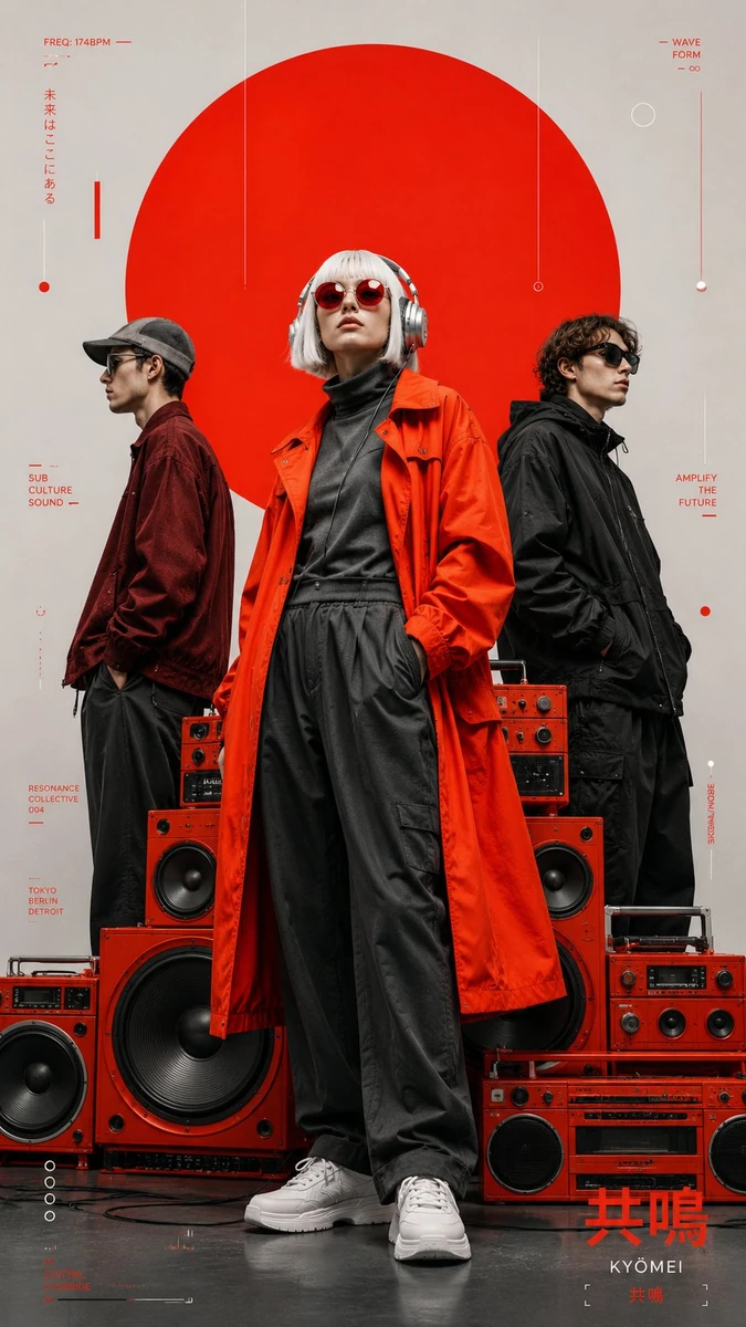 A high-fashion graphic editorial poster featuring three models in an avan...