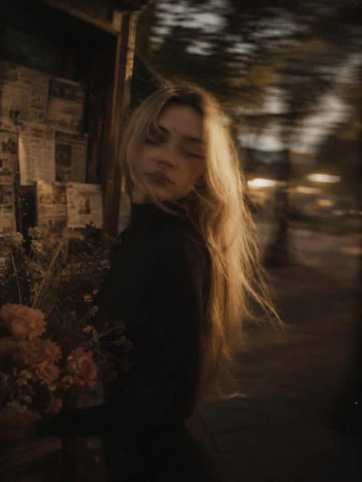 Ultra-realistic cinematic street portrait of a young woman with long flow...