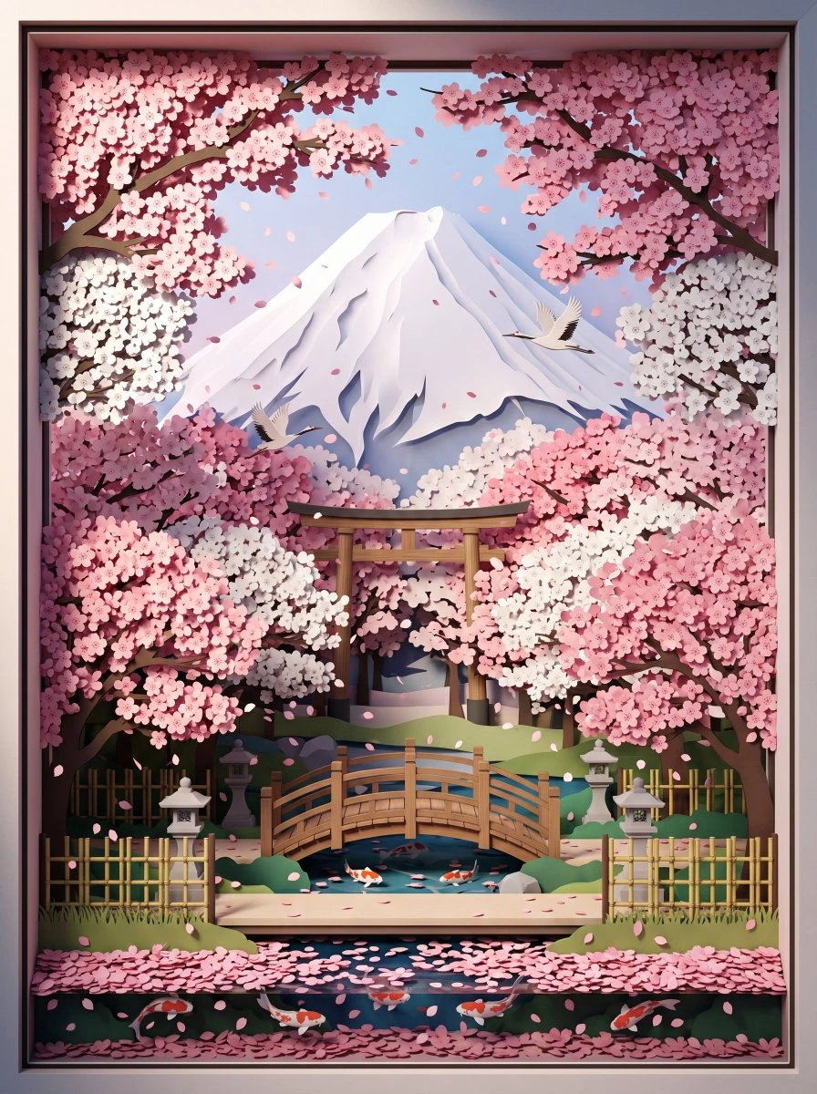 3D 剪纸富士山樱花🌸