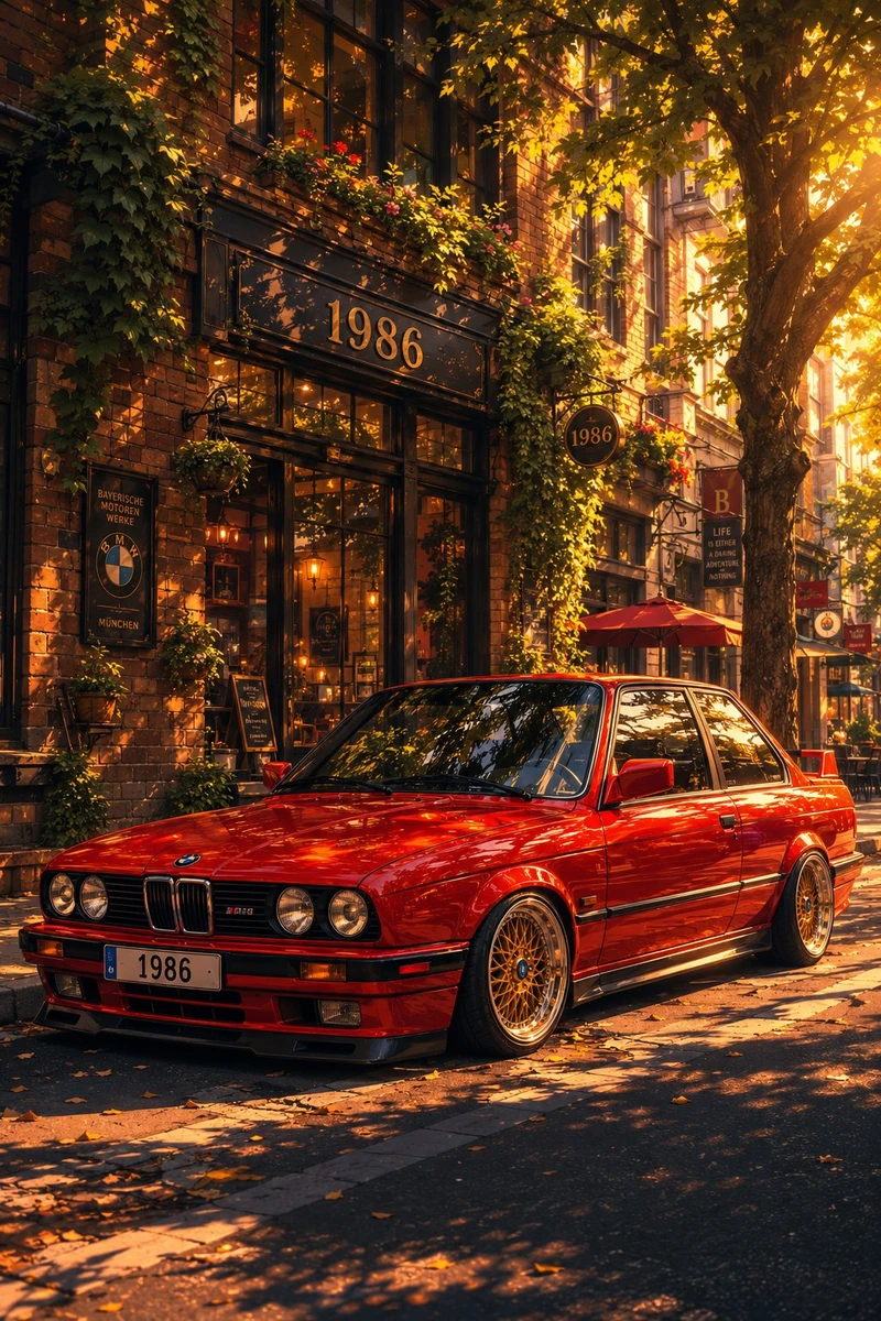 Cinematic illustration of a classic red 1980s BMW E30 parked on a charmin...
