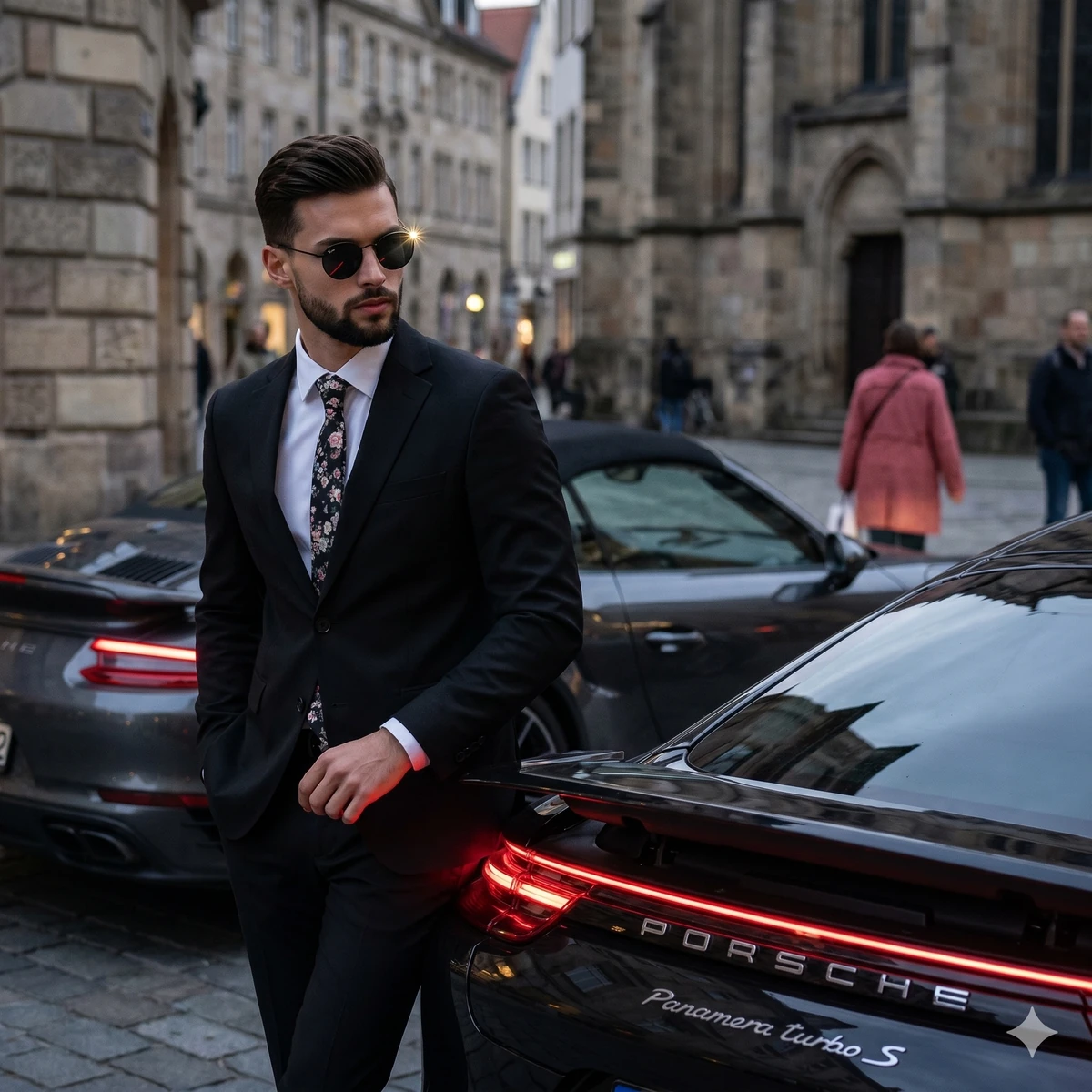 A young, well-groomed man in a fitted matte black suit, crisp white shirt...