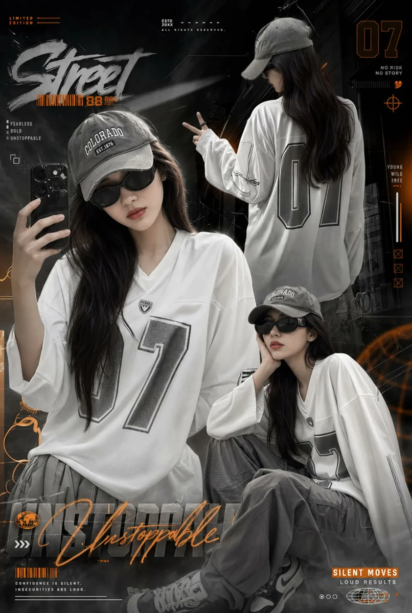 Ultra aesthetic streetwear girl collage poster, black and gray moody back...