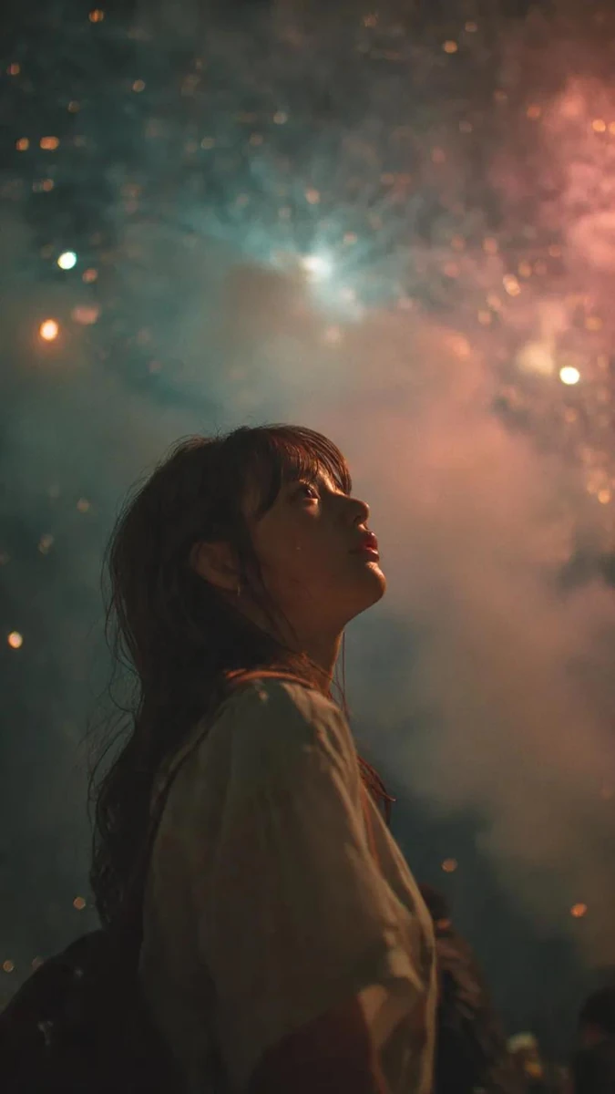 Japanese cinematic photograph, teenage girl looking up at fireworks in th...