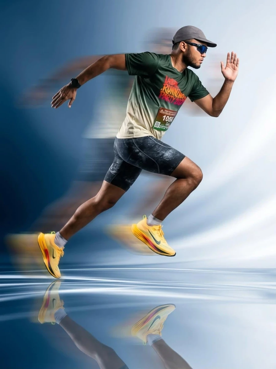 Dynamic sports fashion campaign photo of a male athlete sprinting mid-air...
