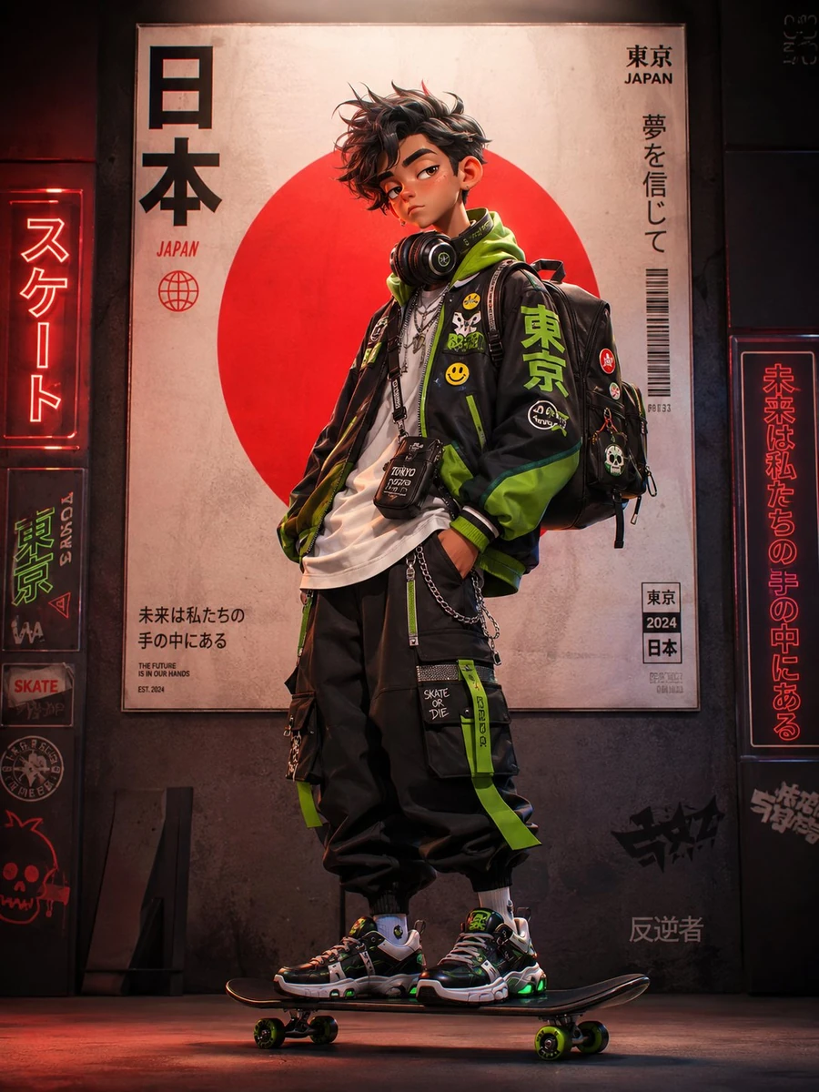 Ultra-detailed cyberpunk anime streetwear portrait of a stylish young Jap...