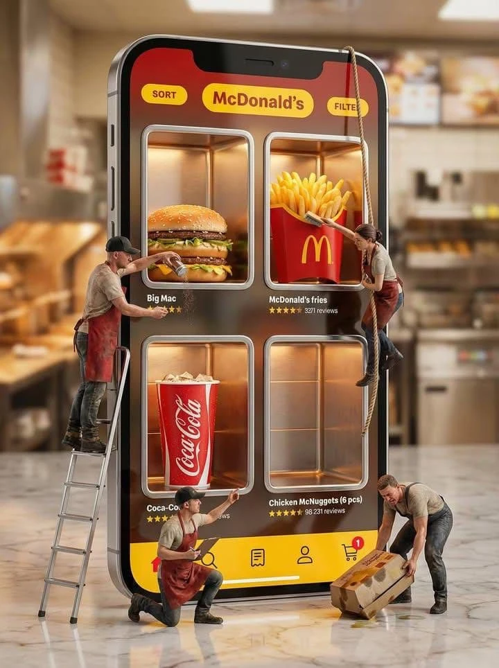 Ultra-realistic creative advertising scene showing a giant smartphone dis...