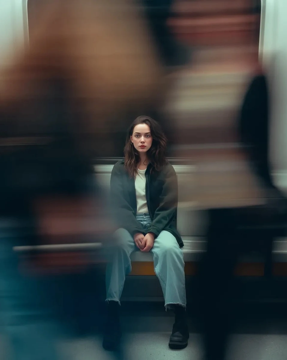 “Cinematic portrait of a young woman sitting alone on a subway bench, cen...