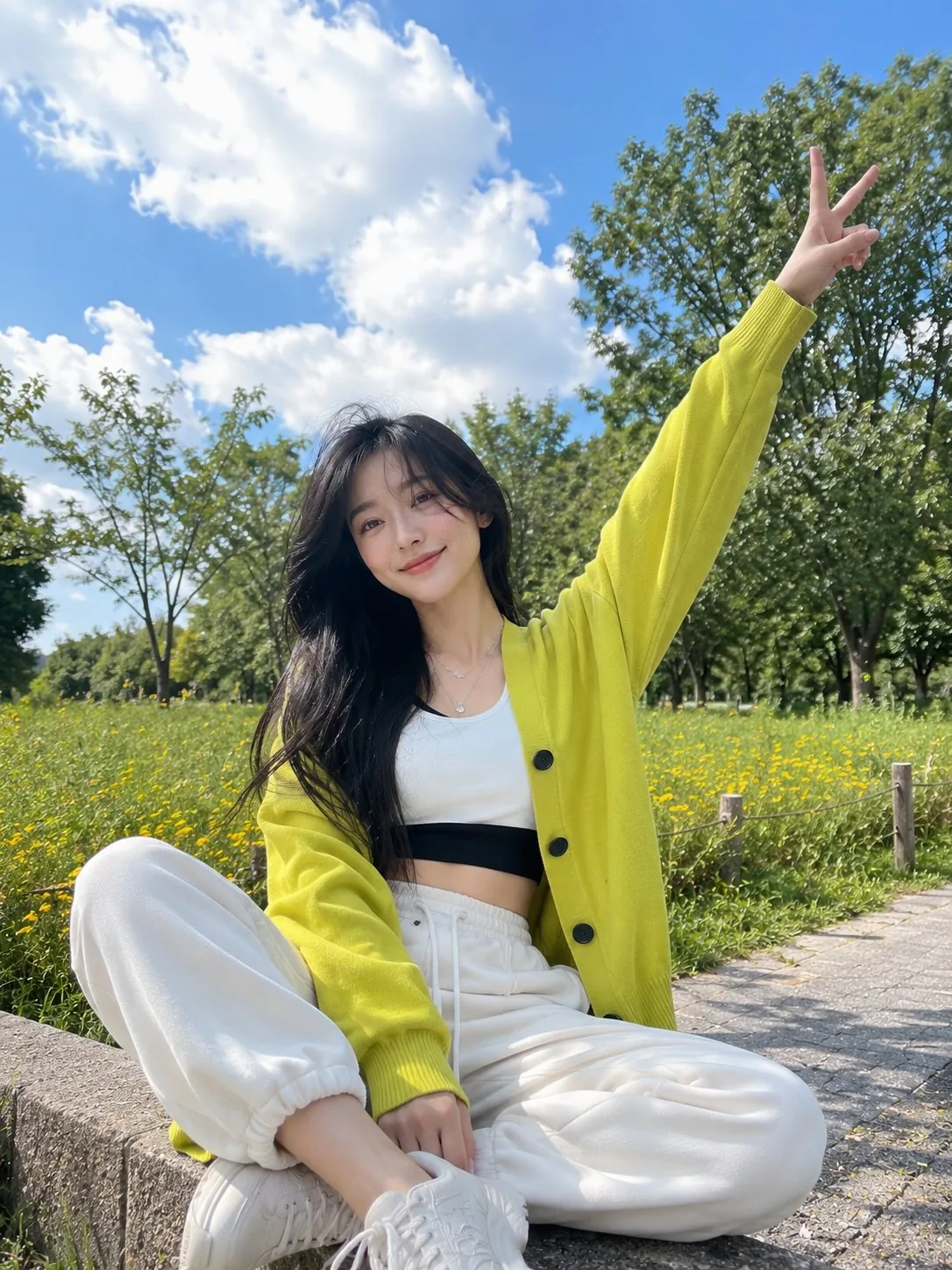 Ultra-realistic outdoor lifestyle portrait of a cheerful young woman sitt...