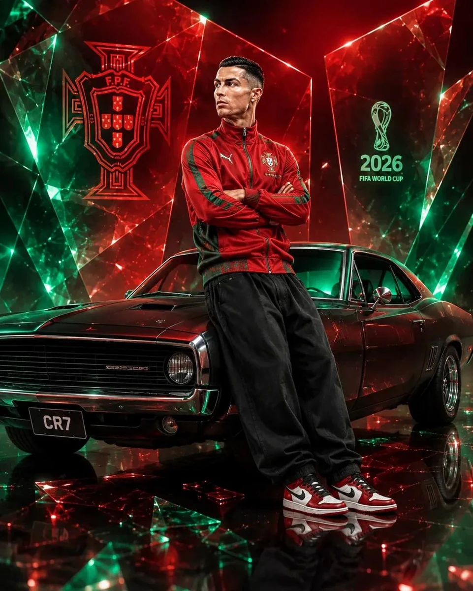 A legendary football superstar inspired by a Portuguese icon standing con...