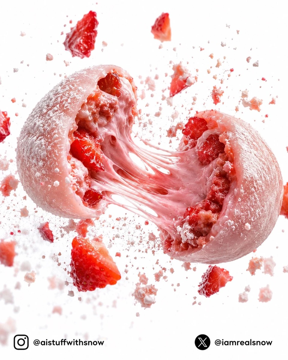 An ultra premium Japanese strawberry mochi suspended in mid air, violentl...