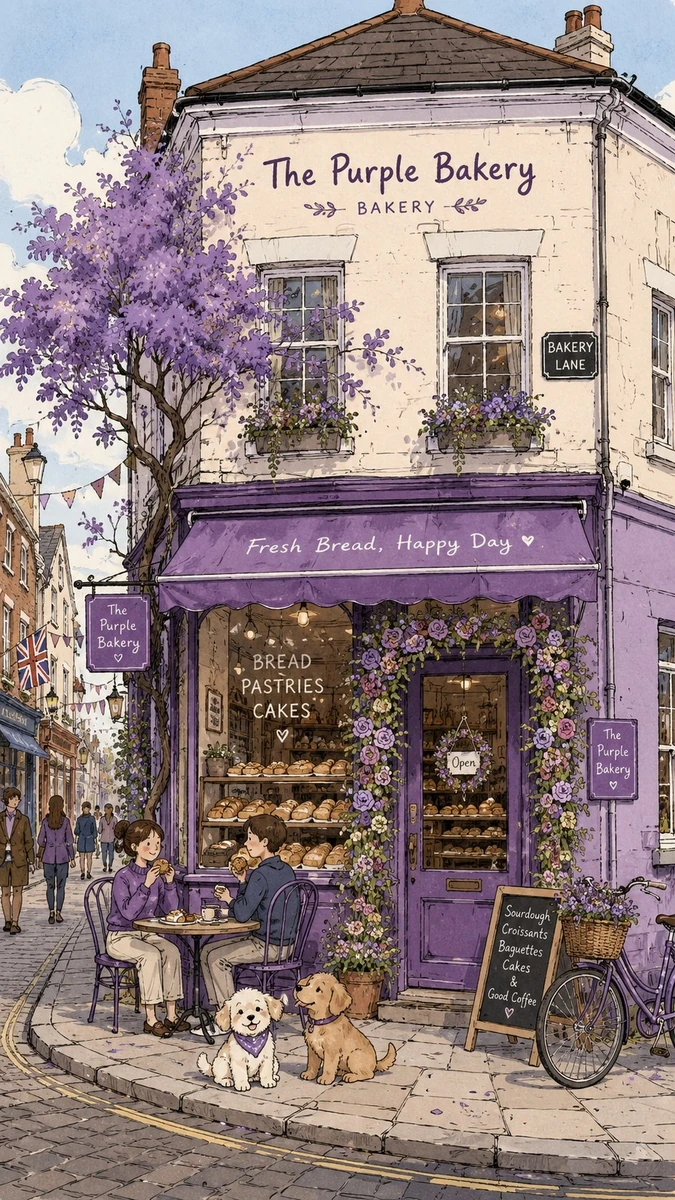prompt": "The Purple Bakery on the British Street, a two-story storefront...