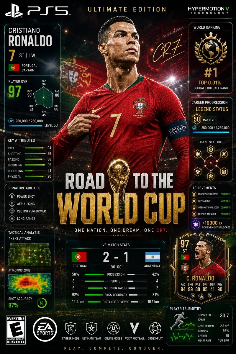 Next-generation AAA football game cover featuring Cristiano Ronaldo as th...