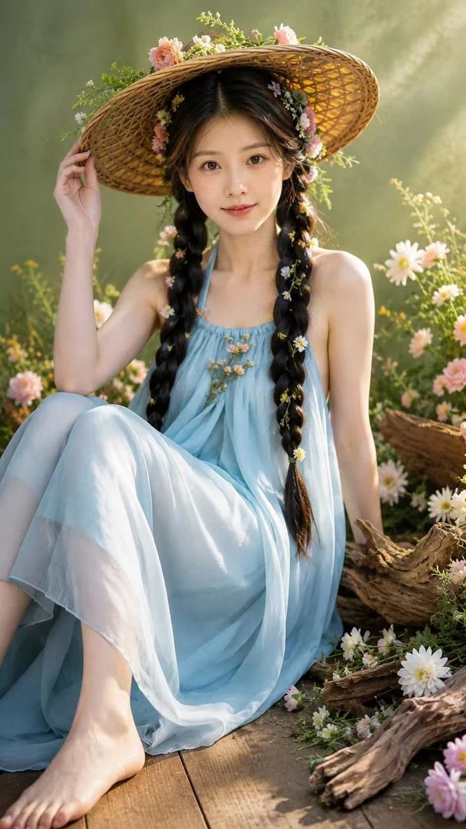 Soft garden editorial portrait, fresh and dreamy