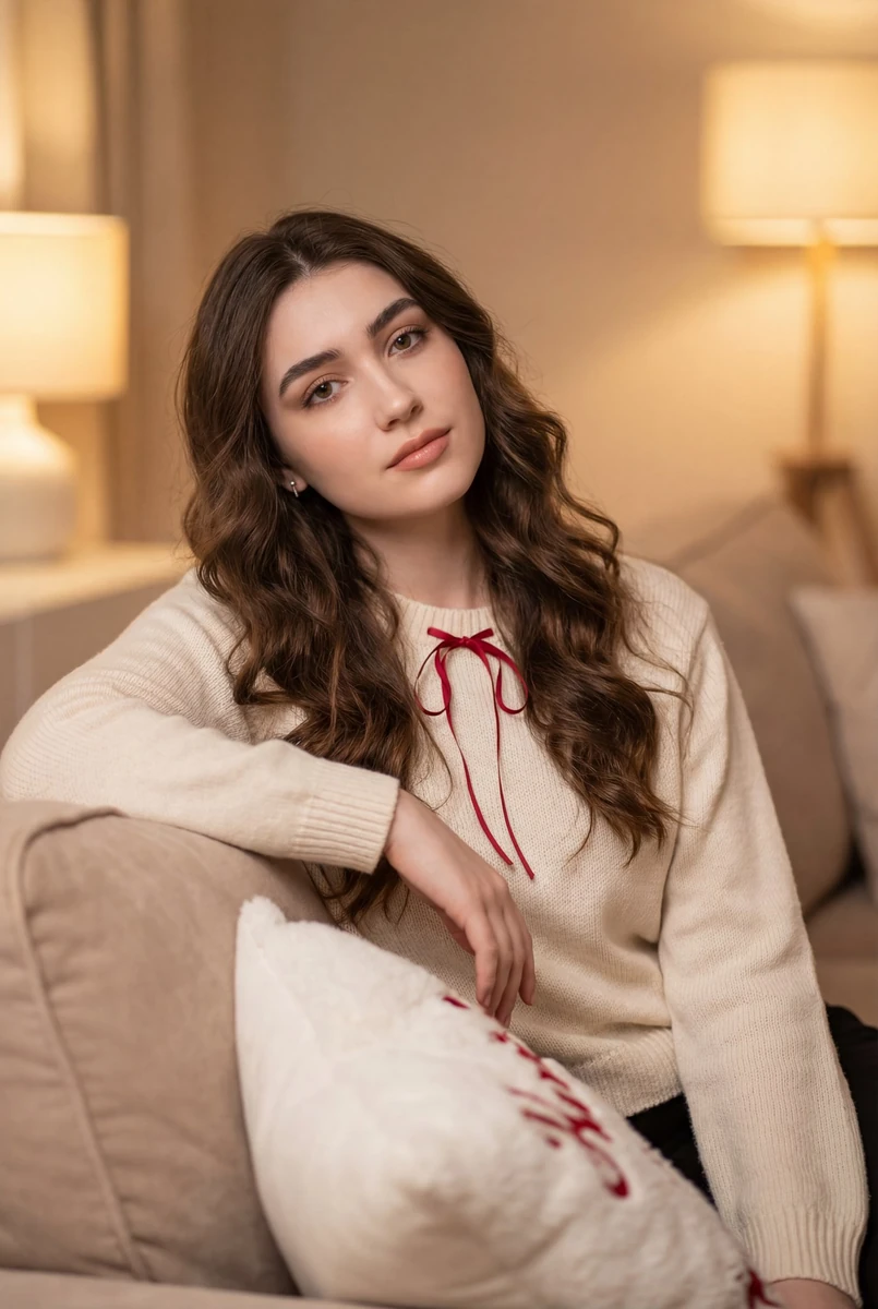 A Ultra-realistic portrait of a young woman sitting on a beige couch in w...