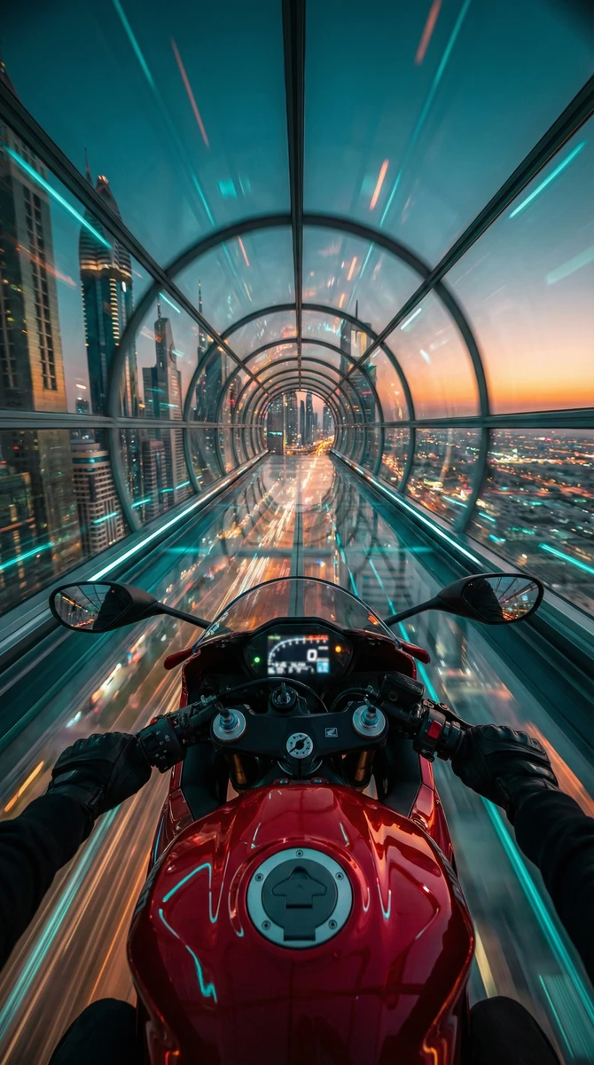 Red futuristic sport motorcycle (POV perspective)",