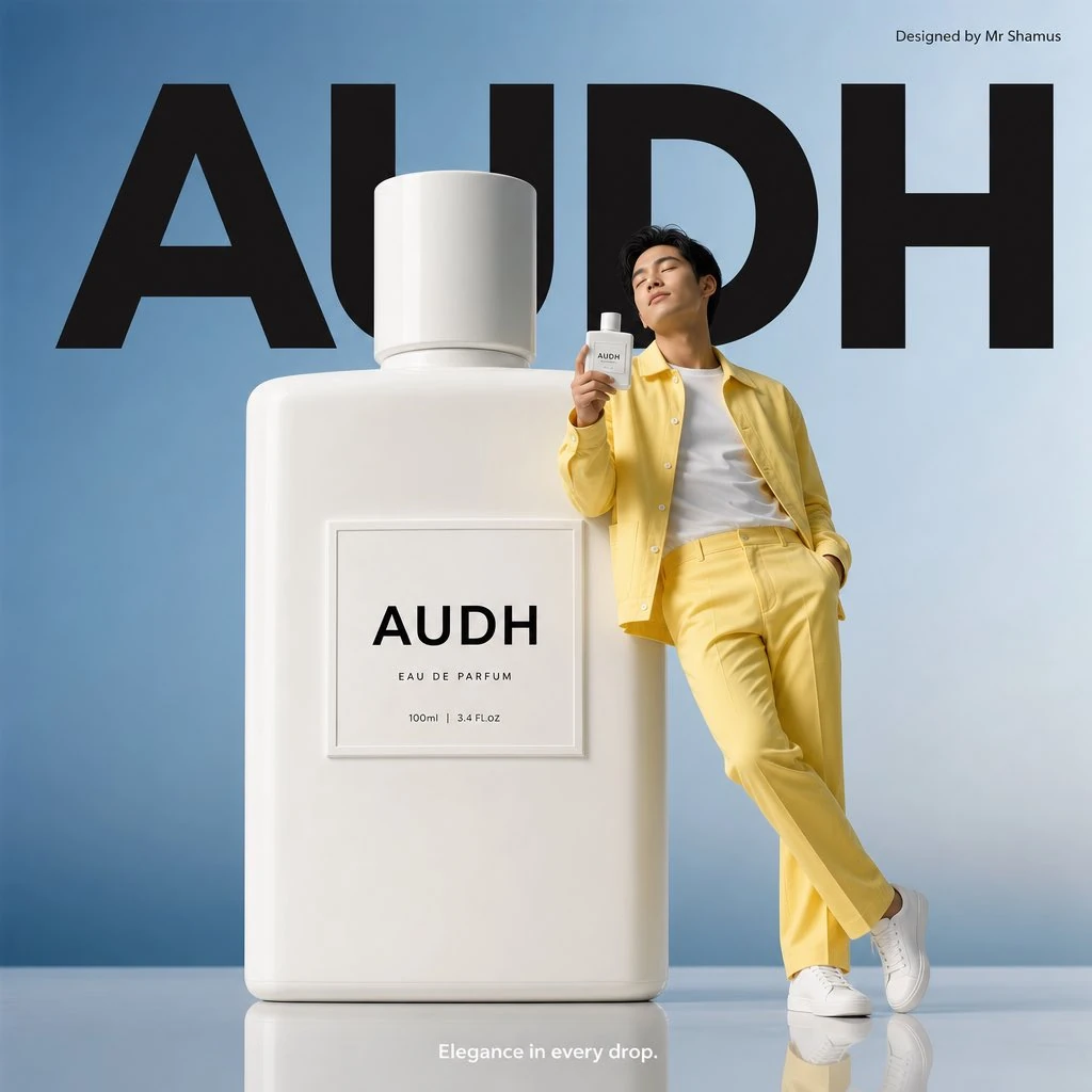Minimalist commercial ad featuring oversized white perfume bottle, ultra-...