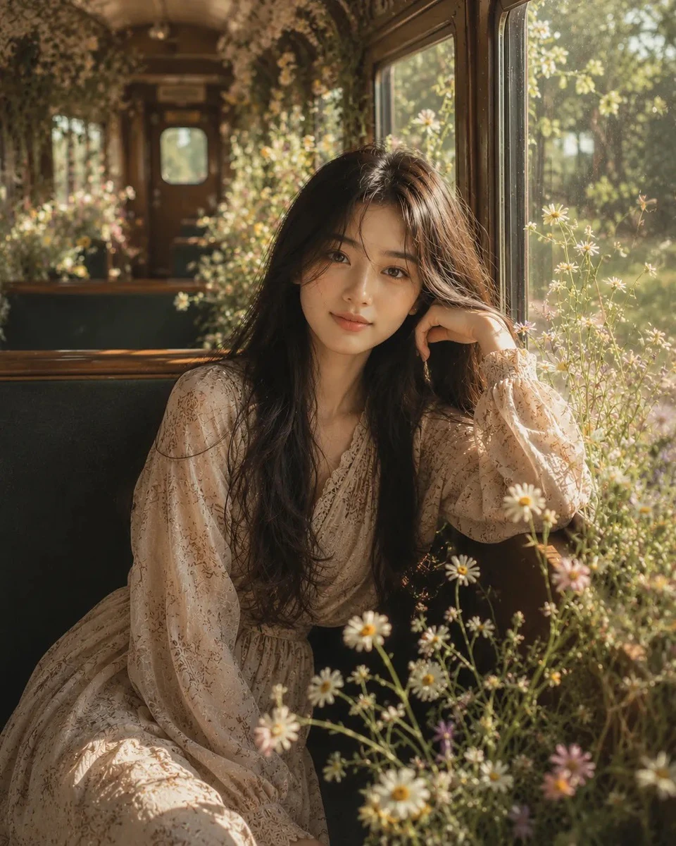 A dreamy cinematic portrait of a beautiful young woman sitting inside a v...