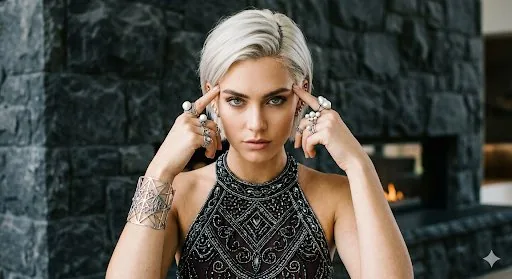 A striking portrait featuring a woman with short, platinum blonde hair st...