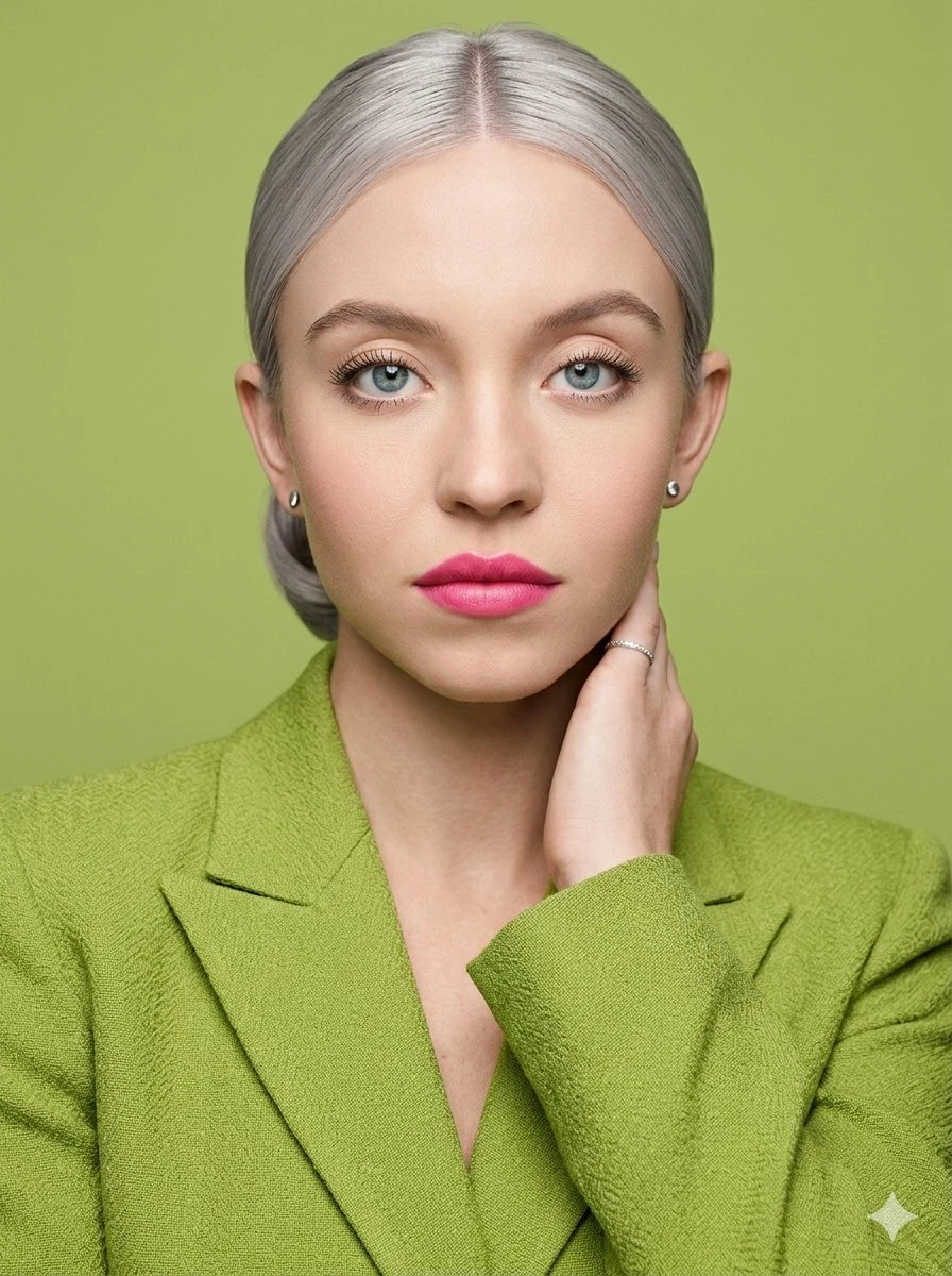 A high-resolution, close-up portrait of a woman with sleek, silver-toned...